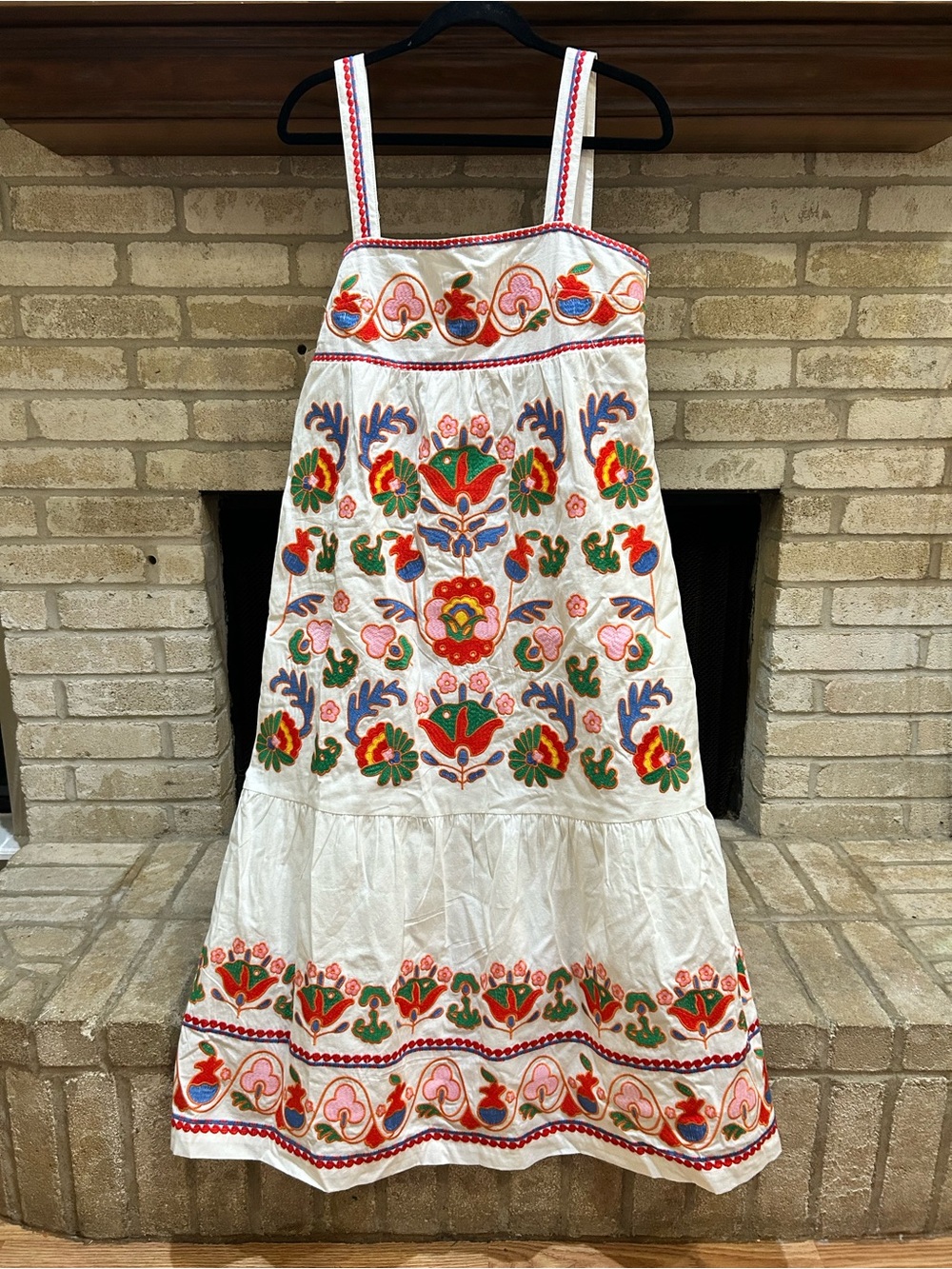 White Embroidered Floral Maxi Dress with Multicolor Accents EUC